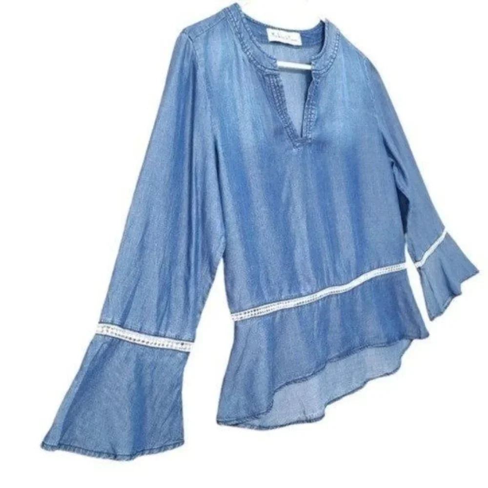 Madeline & Monroe Blouse Blue Chambray, Bell Sleeves Top Size S